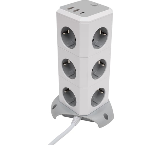 Сетевой электрический фильтр-башня idealim на 12 розеток Tower-12r-2usb-1typeC-1,8M-gray