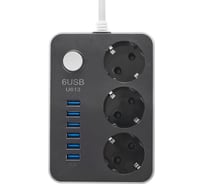 Сетевой фильтр-удлинитель idealim 3 розетки 220 V и 6 портов USB MultiAdapter-3r-6usb-1,8М-black