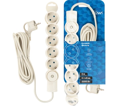 Сетевой фильтр duwi 5 гнезд, 5м с выключателем, с заземлением, со шторками 32573 4