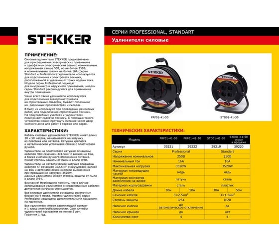 Удлинитель на пластиковой катушке STEKKER 4 гнезда 3х1,5 50м Standart STD01-41-50 Ухз-16 39220