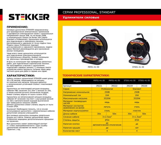 Удлинитель на катушке STEKKER 4 гнезда 3х2,5 50м Professional PRF01-41-50 Ухз-16 39222