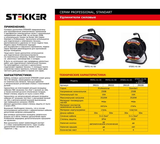 Удлинитель на пластиковой катушке STEKKER 4 гнезда с/з 3х1,5 30м Standart STD01-41-30 Ухз-16 39219