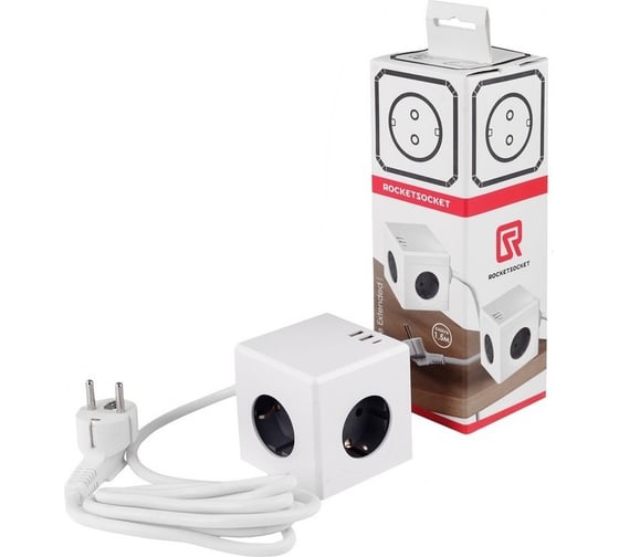 Удлинитель ROCKETSOCKET cube lite extended 3 euro 16a, 3 usb 2a+c с блоком 5в/3.1а, кабель 1,5м, цвет белый-серый GNS1406