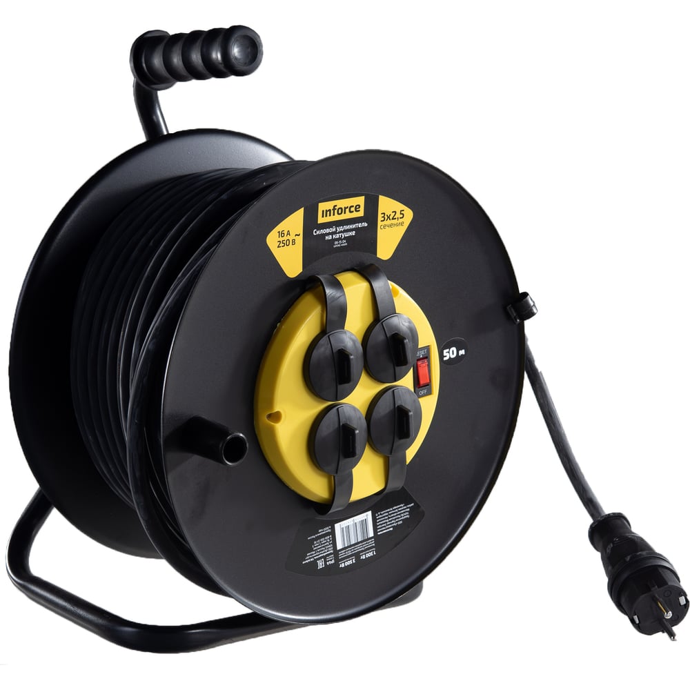 Силовой удлинитель на катушке Inforce 4 гнезда, с/з КГт 3х2,5 16A 50м ...