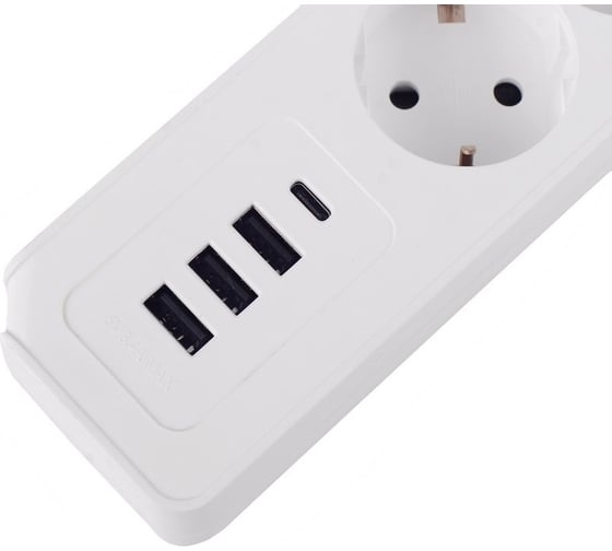 Удлинитель ROCKETSOCKET power strip usb extended 3 euro 16a, 4 usb 3a+c с блоком 5в/3.4а, кабель 1,4м, цвет белый GNS6001
