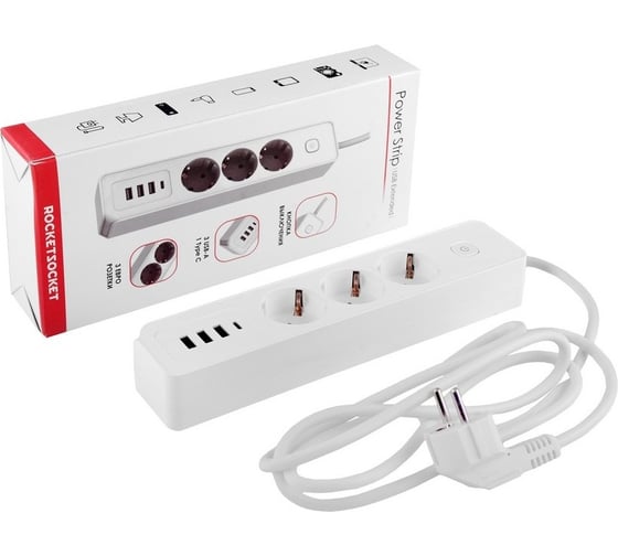 Удлинитель ROCKETSOCKET power strip usb extended 3 euro 16a, 4 usb 3a+c с блоком 5в/3.4а, кабель 1,4м, цвет белый GNS6001