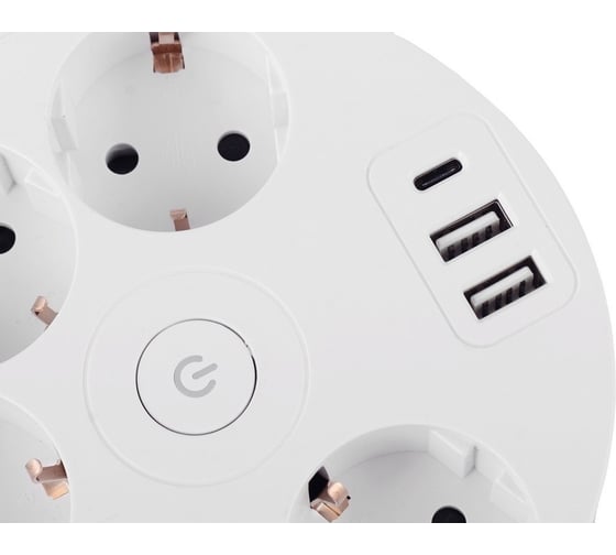 Удлинитель ROCKETSOCKET power wheel usb extended 5 euro 16a, 3 usb 2a+c с блоком 5в/3.4а, кабель 3,0м, цвет белый GNS5006