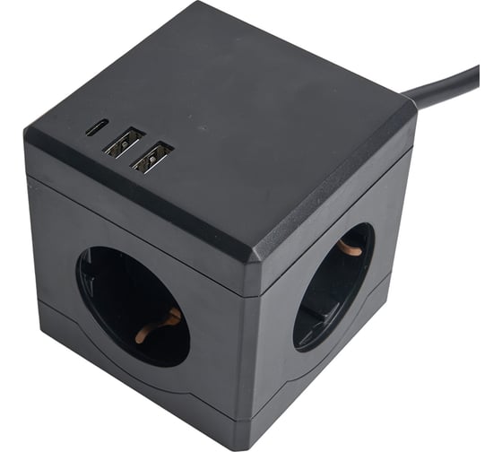 Удлинитель 3-местный STEKKER HM10-41-01 с/з, 3x1мм2, 1.5м, 250В, 16А, 2USB+1С, 5V 3,1А, серия Comfort, черный, 49657