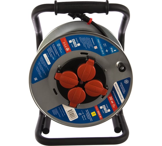 Удлинитель на металлической катушке Power Cube IP44 16А 30м резина 3*2,5 4 роз. с/з PC44801