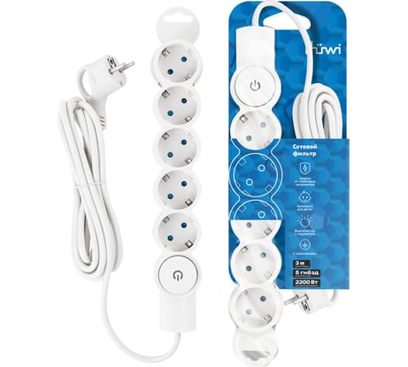 Сетевой фильтр duwi 5 гнезд, с выключателем, с заземлением, со шторками,3 м, цвет белый 32576 5