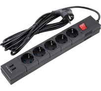 Сетевой фильтр duwi 5 гнезд, с заземлением, ПВС 3х0,75, черный, 5м, с детскими защитными шторками, 2USB 32589 5