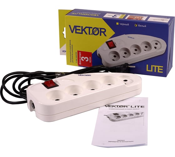 Сетевой фильтр Vektor LITE 2.2кВт светло-серый 3м 15783