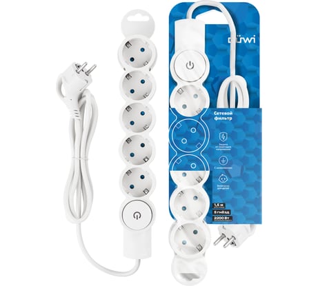 Сетевой фильтр duwi 5 гнезд, с выключателем, с заземлением, со шторками,1,5 м, белый 32574 1
