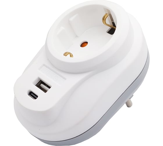 Сетевой фильтр Nilson Розетка 1-местная с заземлением, с Type-C+USB 2.4А белый 40130107