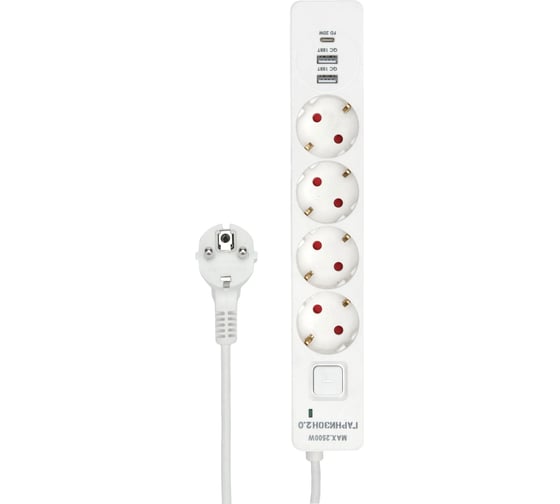 Сетевой фильтр Гарнизон Мультипорт 2.0 4р, 10А, 1xType-C PD, 2хUSB, 4м, уровень защиты 4+, белый, пакет, EPS-OP-4-CU2-W-2