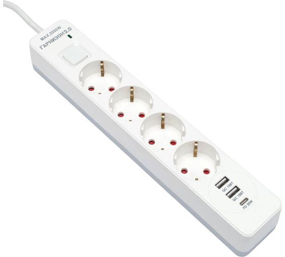 Сетевой фильтр Гарнизон Мультипорт 2.0 4р, 10А, 1xType-C PD, 2хUSB, 4м, уровень защиты 4+, белый, пакет, EPS-OP-4-CU2-W-2