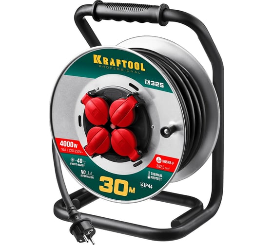 Силовой удлинитель на стальной катушке KRAFTOOL 3х2.5 кв мм, 30 м, 4000Вт, IP44, K-325 55086-30 1