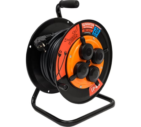 Удлинитель Рыжая такса УКП-44 (катушка пластик) ПВС, 3х2,5 (16А), 4гнезда, 20м, IP44, с заземлением, УКП4404-3032