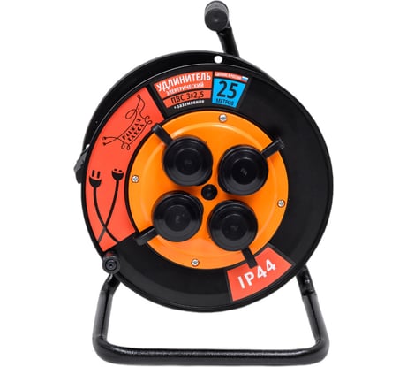 Удлинитель Рыжая такса УКП-44 (катушка пластик) ПВС, 3х2,5 (16А), 4гнезда, 25м, IP44, с заземлением, УКП4404-3049