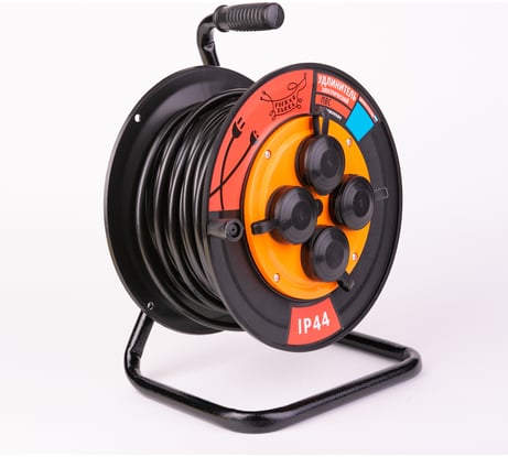 Удлинитель Рыжая такса УКП-44 (катушка пластик) ПВС, 3х1,5 (16А), 4гнезда, 25м, IP44, с заземлением, УКП4404-2998