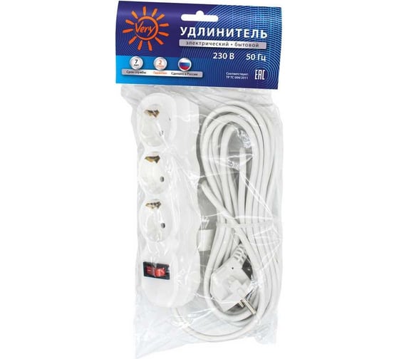 Удлинитель сетевой Very 3 розетки ПВС 3x1мм, 16А, с/з, с выкл., 7м, шт 89-0-097