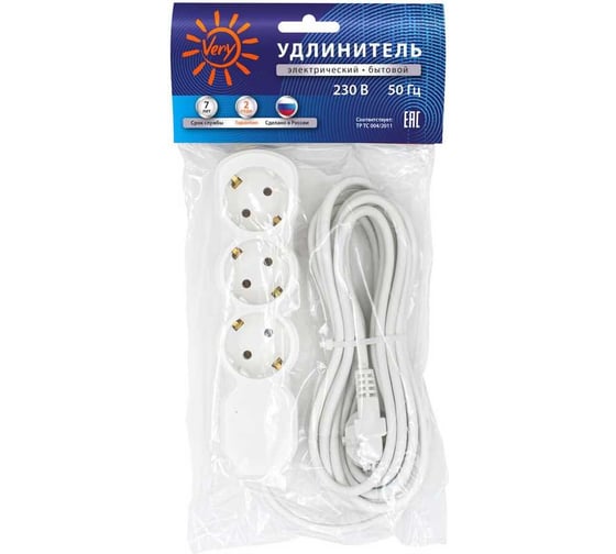 Удлинитель сетевой Very 3 розетки ПВС 3x1мм, 16А, с/з, 5м, шт 89-0-138