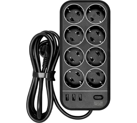 Сетевой фильтр POWERCOM SP-08 USB03AB 1,8 m, 8 розеток, черный,коробка 1928702
