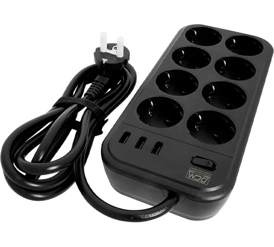 Сетевой фильтр POWERCOM SP-08 USB03AB 1,8 m, 8 розеток, черный,коробка 1928702