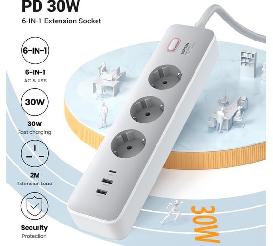 Сетевой фильтр (удлинитель) Ugreen CD286 с розетками 30W 3AC Power Strip with Master Switch (2A1C) EU цвет: белый 25357