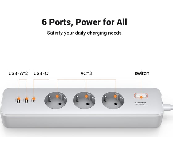 Сетевой фильтр (удлинитель) Ugreen CD286 с розетками 30W 3AC Power Strip with Master Switch (2A1C) EU цвет: белый 25357