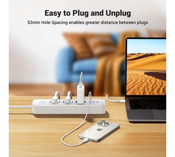 Сетевой фильтр (удлинитель) Ugreen CD286 с розетками 30W 3AC Power Strip with Master Switch (2A1C) EU цвет: белый 25357