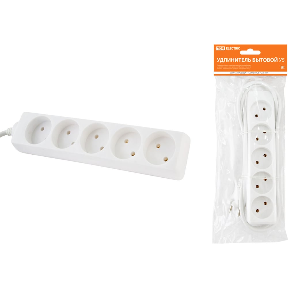 Бытовой удлинитель TDM У5, 5 гнезд, 1.5 метра, без заземления, ПВС, 2х0 ...
