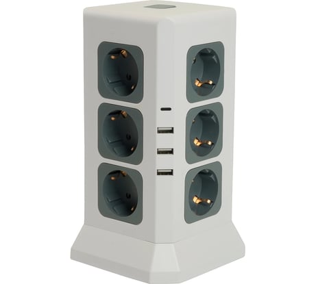 Удлинитель STEKKER 12-местн с/з, 3x1мм2, 1.5м,3520Вт 3USB A + 1C 5V 3,4A, белый, серый Comfort HM10-61-01, 49991