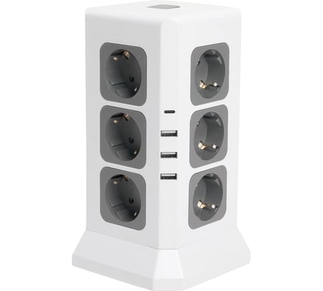 Удлинитель STEKKER 12-местн с/з, 3x1мм2, 1.5м,3520Вт 3USB A + 1C 5V 3,4A, белый, серый Comfort HM10-61-01, 49991