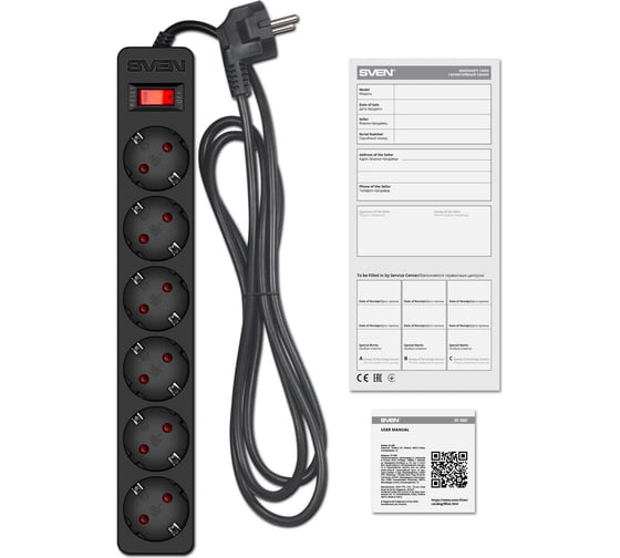 Фильтр SVEN SF-06E 3,0 м, 6 розеток, с защитными шторками, черный, цветная коробка SV-022051