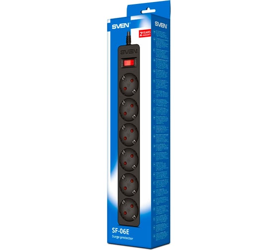 Фильтр SVEN SF-06E 3,0 м, 6 розеток, с защитными шторками, черный, цветная коробка SV-022051
