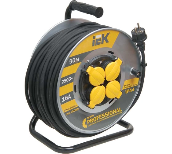 Катушка IEK УК50, с т/з, 4 места, 2Р+PЕ, 50м, КГ 3х2,5мм2, IP44, "Professional" WKP17-16-04-50-44