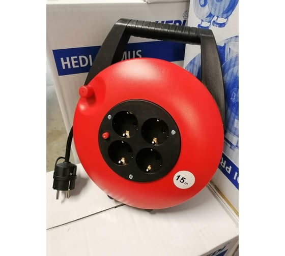 Удлинитель на катушке HEDI H05VV-F 15 метров 4 розетки IP20 3Х1,5 красный KBR15T