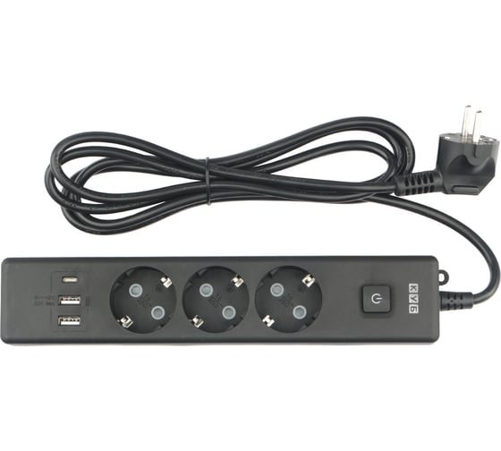 Бытовой удлинитель Power Cube, 3р с/з вык.,3USB, 3500 Вт, 16А, 1.9 м, 3x1,0 (черный), PC-6B-2M 1