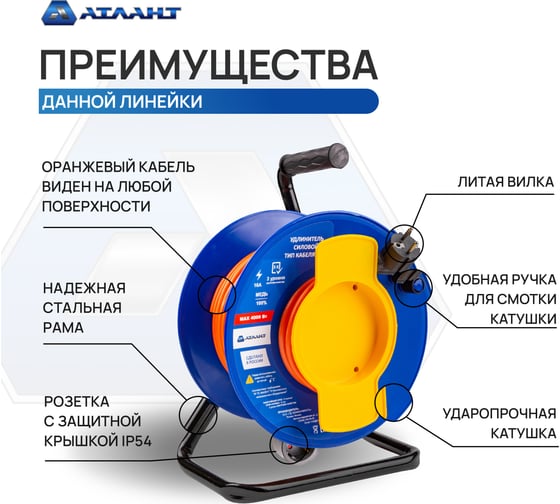 Удлинитель АТЛАНТ ПВС Атом 2х2,5 30м на садовой катушке 40281