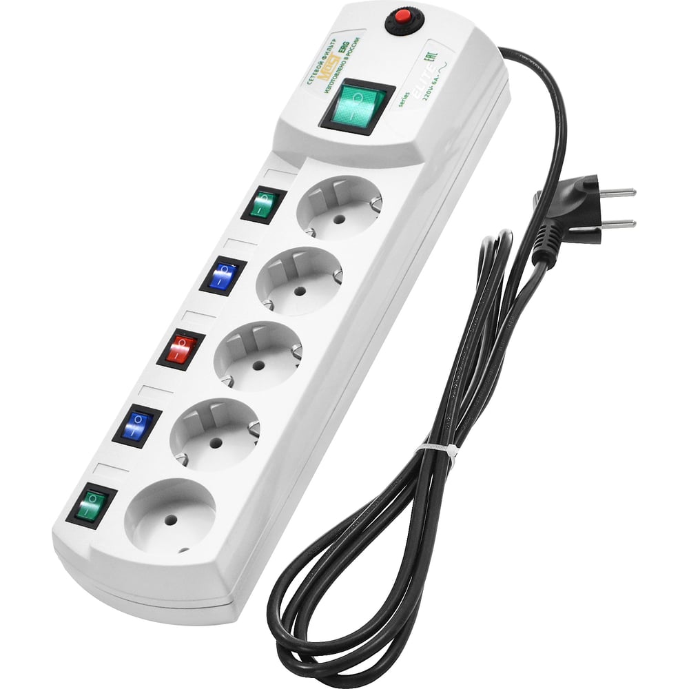 Сетевой фильтр MOST-ERG 2м, 4 розетки c/з + 1 б/з, общий выключатель ...