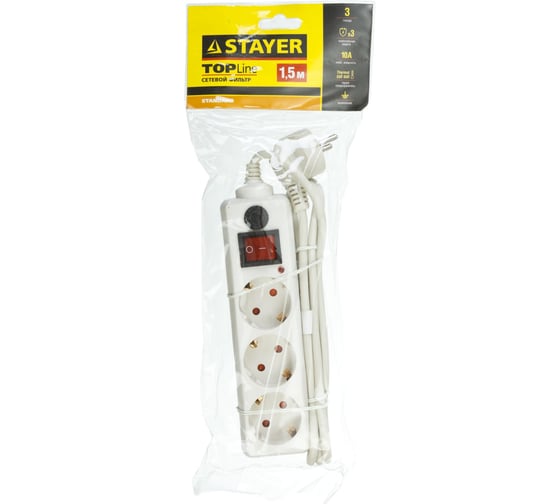 Сетевой фильтр STAYER STANDARD, электрический, 3 гнезда, максимальная мощность 2200 Вт, 1.5 м 55065-1.5