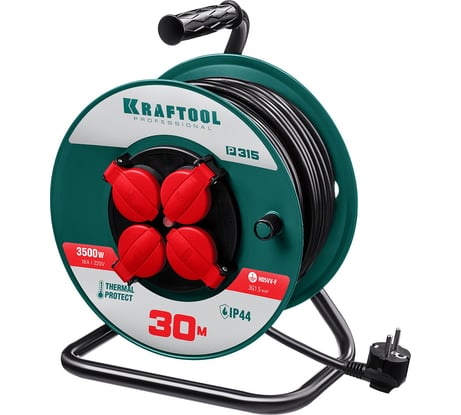 Удлинитель на катушке KRAFTOOL P-315, 30м, 3500Вт, 4 гнезда, IP44, ПВС 3х1.5мм2, 55084-30
