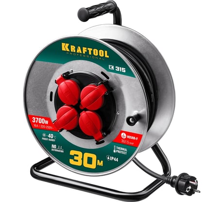Удлинитель на катушке KRAFTOOL 30м, 3700Вт, 4 гнезда, IP44, КГ 3х1.5 кв.мм, 55085-30