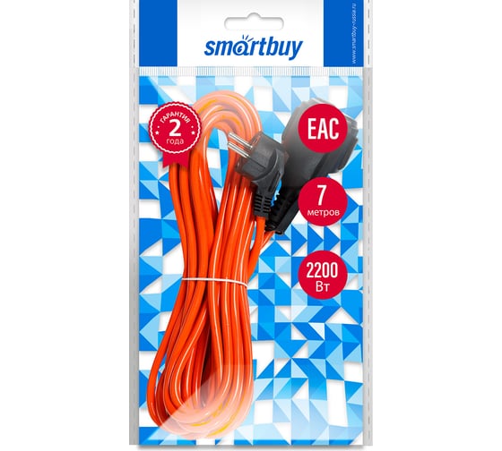 Удлинитель силовой Smartbuy с вилкой и розеткой 2P+PE/7 метров 3x1,0мм2 10А/2,2кВт IP44 SBE-16-1-40-F