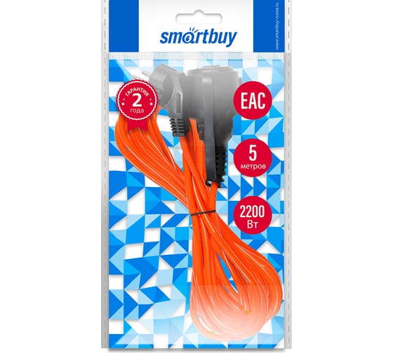 Удлинитель силовой Smartbuy с вилкой и розеткой 2P+PE/5 метров 3x1,0мм2 10А/2,2кВт IP44 SBE-16-1-30-F