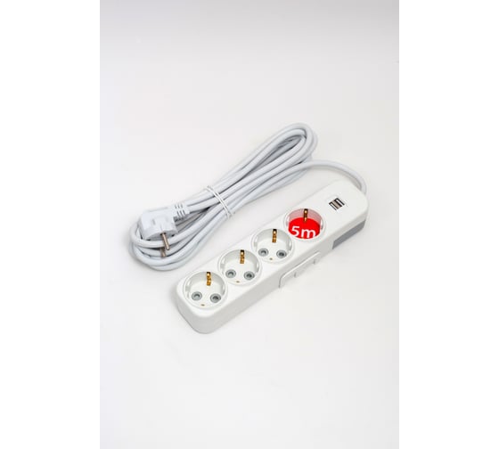 Удлинитель ELBI Myra с заземлением, 4 гнезда, с защитными шторками, USB, 5м, 3x1 527-040205-411