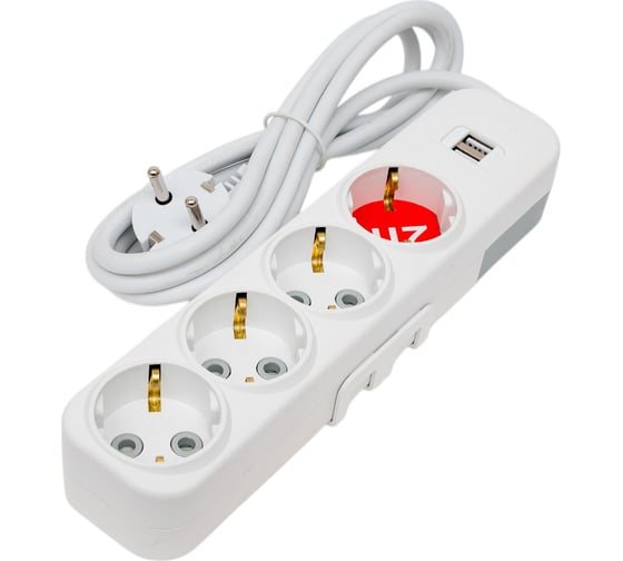 Удлинитель ELBI Myra с заземлением, 4 гнезда, с защитными шторками, USB, 2м, 3x1 527-040202-411 1