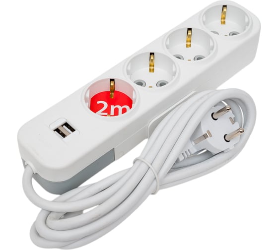 Удлинитель ELBI Myra с заземлением, 4 гнезда, с защитными шторками, USB, 2м, 3x1 527-040202-411