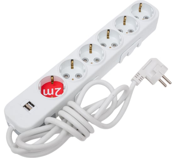 Удлинитель ELBI Myra с заземлением, 6 гнезд, с защитными шторками, USB, 2м, 3x1,5 527-040202-621